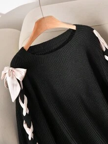 CosyJoli 大码女式休闲圆领抽绳袖丝带针织毛衣，秋季 - 黑色 - 查看 3