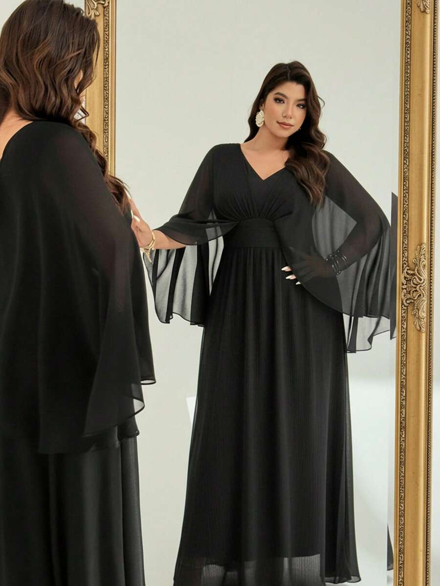 Auralis V-Neck Mesh Ruched Waist A-Line High Slit Sexy Dress, Suitable For Dates, Concerts, Banquets, Parties, Valentine's Day, Balls, Elastic Plus Size Black Elegant Maxi Dress With Long Sleeve Mesh Shawl/Elegant And Dignified Black Mesh Double-Layer Flowy Plus-Size Pleated Dress For Spring And Autumn / - Black - View 1