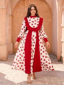 1 Piece Teen Girls Elegant Vintage Red Rose Floral Print Maxi Dress White Autumn Holiday Celebration Wear,Long Buttoned Sleeves Ruffled Trim Outfit - Multicolor - View 7