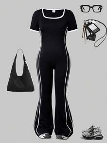 SHEIN ChillGRL Teen GirlMinimalist Street Style Square Neck Short Sleeve Wide Leg Jumpsuit Teen One Piece Outfit