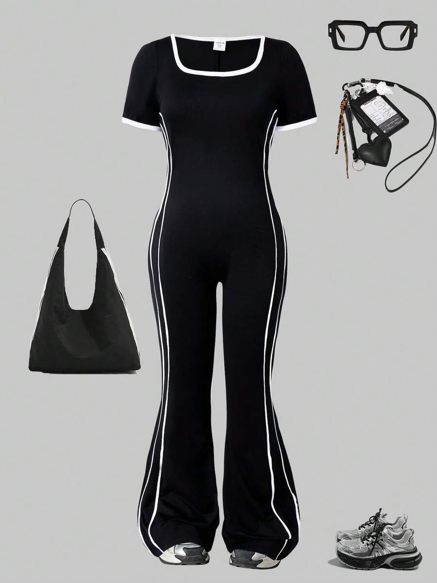 SHEIN ChillGRL Teen GirlMinimalist Street Style Square Neck Short Sleeve Wide Leg Jumpsuit Teen One Piece Outfit