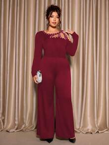 Cravure Women's Plus-Size Slim-Fit Long-Sleeve Off-The-Shoulder Jumpsuit - Adorned With Round Decorative Buttons & Bubble Beads On Shoulders, Elegantly Relaxed For Autumn & Winter Parties & Galas Sexy Jumpsuits For Woman Red Long Sleeve Jumpsuits Curve Jumpsuits For Woman Plus Size Jumpsuits Elegant Long Sleeve Jumpsuits For Woman