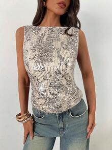 Aloruh 女士亮片装饰无袖圆领修身背心，适合派对、圣诞节、新年等场合 - 銀色 - 查看 3