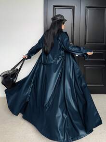 Sunspun Plus Size Lapel Belt A-Line Pocket Long Sleeve PU Windbreaker - Navy Blue - View 1