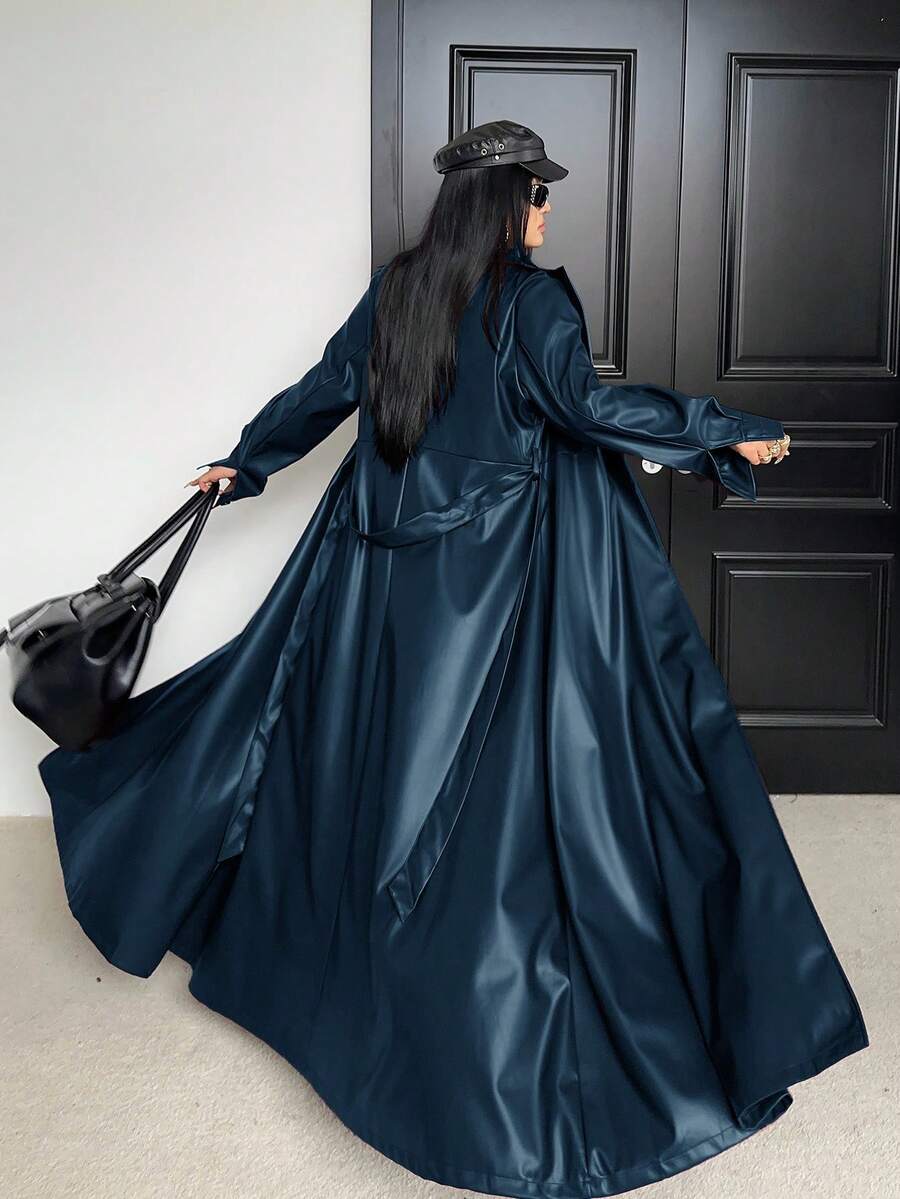 Sunspun Plus Size Lapel Belt A-Line Pocket Long Sleeve PU Windbreaker - Navy Blue - View 1