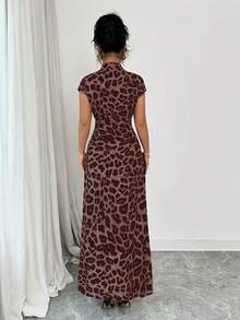 Rafferiza Women's Elegant Leopard Print Collared Short Sleeve Button Down Waist Dress - Mocha Brown - View 2