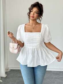 Elenzga Plus Size Spring/Summer Embroidered Linen-Like Square Neck Slimming Waist Puff Sleeve A-Line Elegant French Style Comfortable Vacation Casual Blouse Shirt Peplum Eyelet Top White Eyelet Top Eyelet Top Eyelet Tops For Women - White - View 6