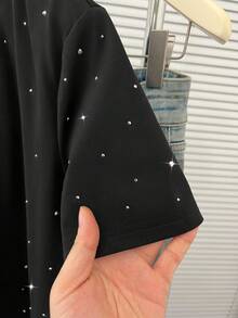 Resyla Kaos Longgar Kasual dengan Hiasan Rhinestone, Leher Bulat, Ukuran Besar - Hitam - View 4