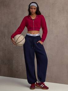 With My Calm Wine Red Hooded Zipper Front Long Sleeve Sports Jacket - Burgundy - View 5