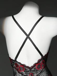 SHEIN 1件装女士蕾丝无钢圈性感连体衣 - 黑色 - 查看 7