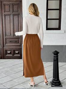 Pariaura 女士新款针织毛衣及开衩半裙套装，别致法式通勤装，秋冬必备 - 駝色 - 查看 2