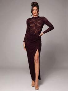 Silquee 女士优雅性感浪漫纯色（红色、酒红色、勃艮第红、基础色）蕾丝甜美露背长袖连体衣，适合姐妹聚会、情人节、夜间外出 - 紫紅色 - 查看 9