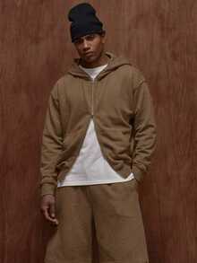 Musero Oversized Premium Boxy Double Pocket Jersey Double Zip Through Hooded Jacket Fall/SPRING SUMMER - Brown - View 5