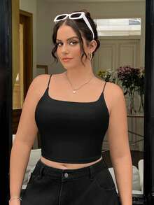 CovetEZ Plus Size Women's Solid Color Spaghetti Strap Camisole With Built-In Padded Bra - Black - View 5