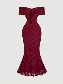 SHEIN MOD 优雅露肩酒红色纹理长款美人鱼连衣裙，适合派对穿着 - 酒紅色 - 查看 6