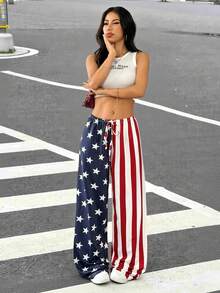 Muchica Women 4th Of July Contrast Color Striped Star Flag Print Pants - Multicolor - View 6