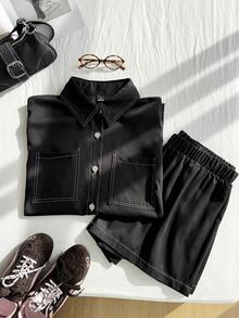 SHEIN EZwear 大碼頂針落肩袖襯衫&短褲