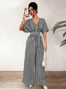 Elenzga Women's Spring/Summer French Striped Print Batwing Sleeve Cinched Waist Wide Leg Jumpsuit, Suitable For Casual, Holiday, Travel, Festivals, Western Style, Vintage, Boho, Music Festivals, Countryside - Black and White - View 5
