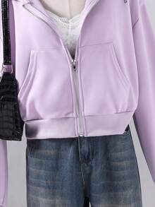 Sparklyn 少女休闲宽松短款开襟加厚卫衣，韩版风格，适合秋冬季穿着 - 紫色 - 查看 6