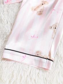 Girls Cute Pink Striped Bear & Bow Print Soft Flannel Long Sleeve Cardigan And Pants 2 Pieces Pajama Set - Multicolor - View 7