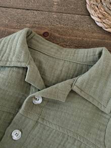 SHEIN 2pcs Baby Boy Casual Soft Lightweight Pure Cotton Polo Collar Green Short Sleeve Shirt And Shorts Set - Army Green - View 8