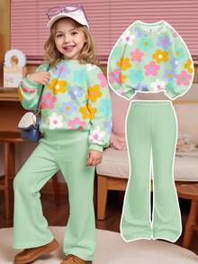 柔和的薄荷绿，可爱的多巴胺花朵图案，年轻女孩休闲简约圆领长袖运动衫和喇叭裤套装，适合秋冬 - 彩色 - 查看 3