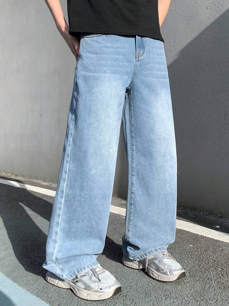 SHEIN Teenage Boys' Basic Blue Loose Fit Jeans - Blue - View 1