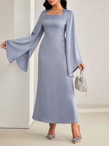 Veilorie 女士纯色天鹅领喇叭袖修身优雅连衣裙 - 灰藍色 - 查看 5