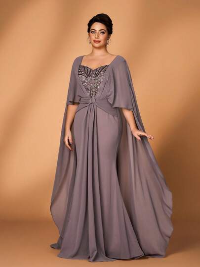 Serin Plus Size Elegant Luxurious Light Coffee Heart-Shaped Collar Sequin Patchwork Chiffon Cape Irregular Hem Fitted Fishtail Hem Dress, Suitable For Evening Party, Singles Party, Date, Ball, Vacation, Wedding Ceremony, Formal Gown Mother Of Groom Dress Mother Of The Bridal Dress Evening Evening Dress Elegant Evening Dress With Cape Dress Modest