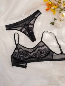 Seduluxe 2pcs Lace Patchwork Mesh Lingerie Set (Bra And Panty) - Black - View 4