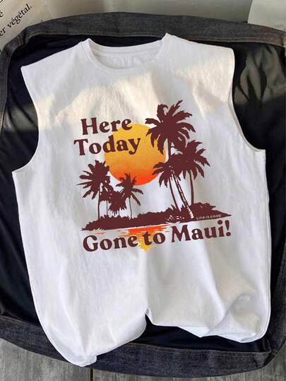 Manfinity Dauomo Men's Slogan & Palm Tree Print Casual Sleeveless Tank Top