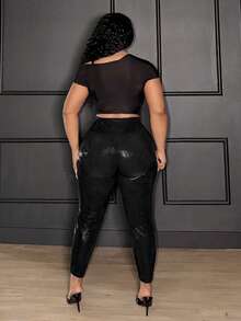 Slaydiva Quần legging bó cạp cao màu đen cỡ lớn dành cho nữ - màu đen - Xem 8
