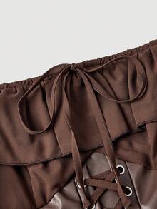 SHEIN MOD 棕色雪纺拼接PU腰部复古喇叭袖A字连衣裙，度假装扮