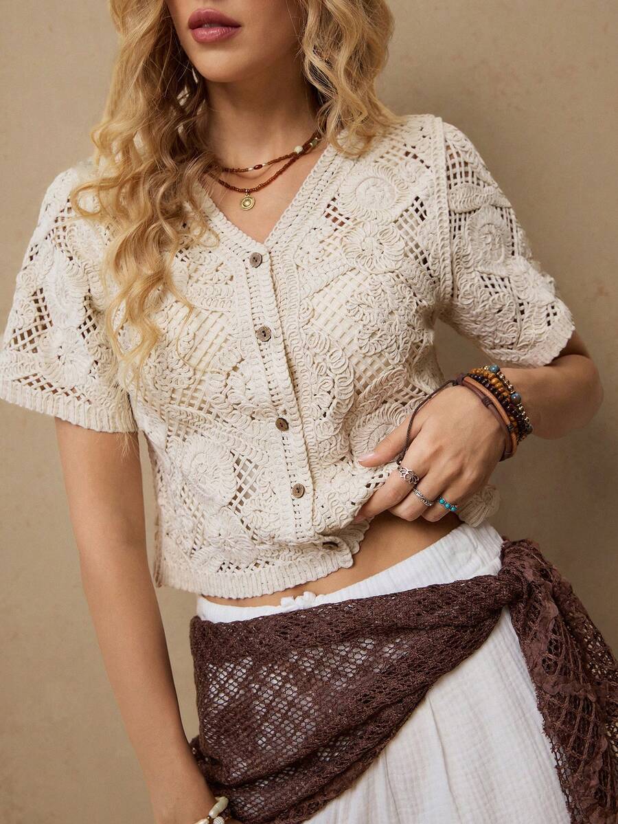 Freevana Áo len cardigan ren móc đơn giản dành cho nữ đi nghỉ mát - Màu be - Xem 1