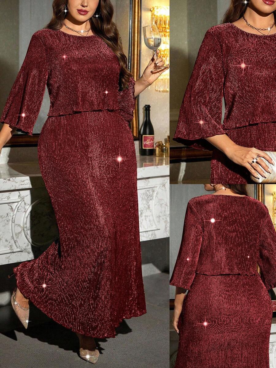 Reflora Plus Size Elegant Sparkly Long Dress For Party - Burgundy - View 1