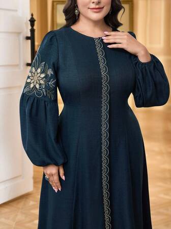 Al Najma 大码女式优雅花卉刺绣灯笼袖收腰连衣裙，度假风