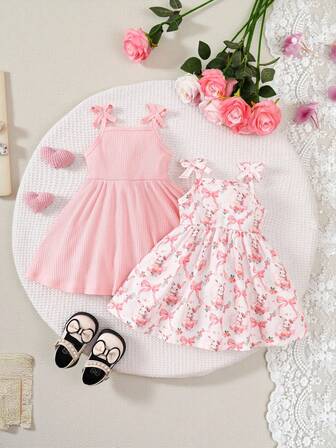 Souflis Souflis 2 件套女婴休闲百搭百搭可爱趣味水彩兔子印花吊带连衣裙，适合情人节、复活节、节日、生日照片、户外活动、居家休闲、度假、春夏