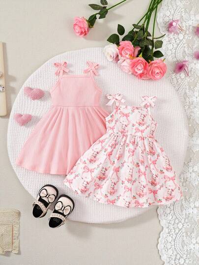 SHEIN 2 件套女婴休闲百搭百搭可爱趣味水彩兔子印花吊带连衣裙，适合情人节、复活节、节日、生日照片、户外活动、居家休闲、度假、春夏