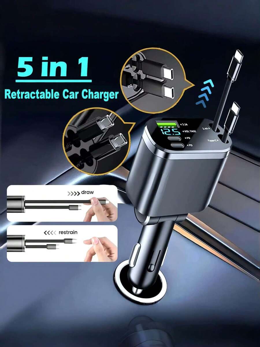 Teckwe 五合一可伸缩车载充电器 USB-C 数据线 快速充电点烟器适配器 PD QC3.0 12V-24V - 彩色 - 查看 1