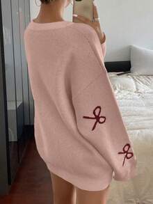 DAZY Suéter holgado de punto con cuello redondo y lazo, para mujer, de otoño/invierno - Rosa - Ver 4