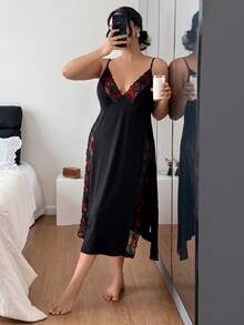 SHEIN Váy xẻ tà cao cổ chữ V ren gợi cảm cỡ lớn - màu đen - Xem 4
