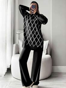 SHEIN Tall Tall Gold Lurex Jacquard Sweater Long Tunic And Solid Sweater Pants Set Elegant And Suitable For Modest Women Winter Sweater Set - Black and White - View 6