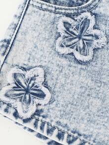 SHEIN 女童串珠牛仔短裤，时尚百搭 - 中等水洗藍 - 查看 8