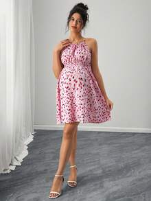 SHEIN 女士夏季收腰孕妇度假约会碎花无袖吊带连衣裙 - 粉色 - 查看 3