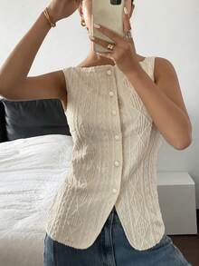 SHEIN PETITE CURVE 大码女式夏季几何纹理单排扣上衣，商务休闲奶油色上衣，优雅情人节、夏季、狂欢节女装、派对、海滩装扮 - 杏色 - 查看 6