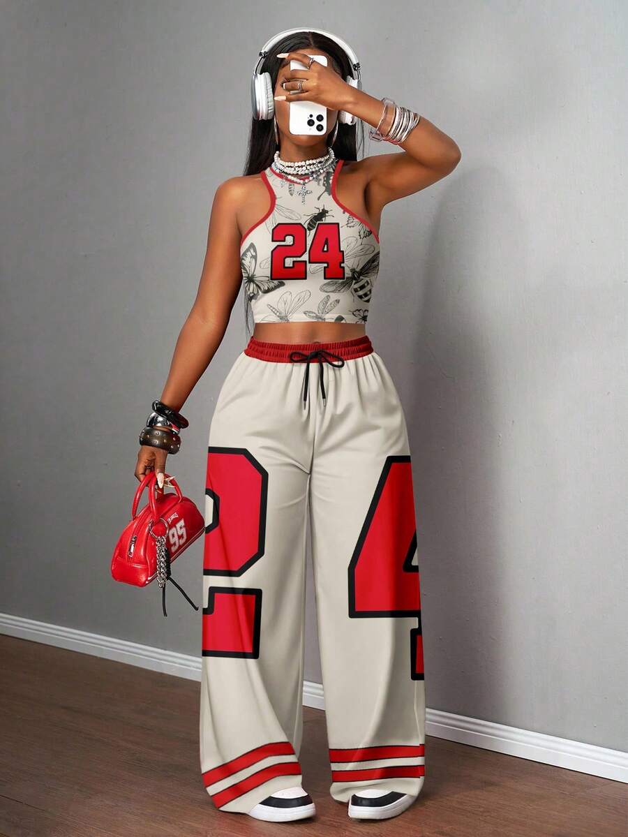 Slaydiva 两件套女士休闲街头风紧身吊带背心和宽松长裤套装，适合街头穿着 - 彩色 - 查看 1