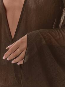 MUSERA Đầm ngắn tay xòe xẻ sâu phía trước, chất liệu xuyên thấu, gợi cảm, thích hợp cho buổi tối đi chơi, kỳ nghỉ, tiệc tùng, thanh lịch, mùa hè. - Màu nâu Sô-cô-la - Xem 6