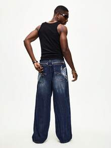 ROMWE MEN Street Life Men's Casual Washed Butterfly Embroidered Denim Jeans - Blue - View 4