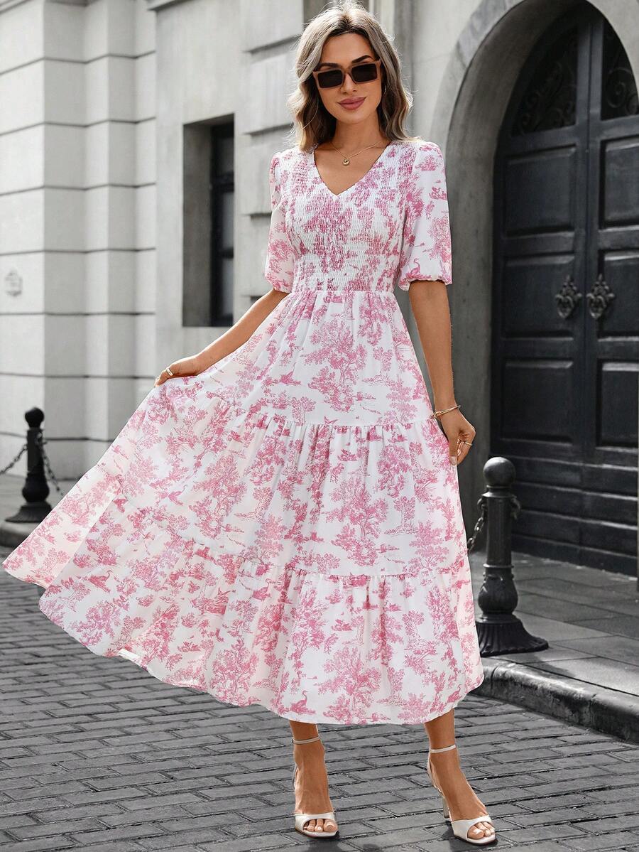 SHEIN LUNE Váy dài màu hồng xếp ly thường ngày cho nữ - Nhiều màu - Xem 1