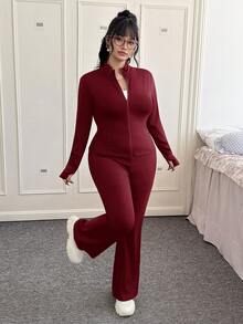 SHEIN EZwear Setelan 2 Potong Jaket Yoga Ringan Kasual Ukuran Besar dan Celana Flare, Pakaian Musim Gugur untuk Wanita - Burgundy - View 5